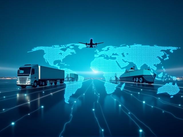 Globales Verkehrsnetzwerk mit LKWs, Schiffen und Flugzeugen, verbunden durch helle Linien, die Effizienz und Reichweite symbolisieren.