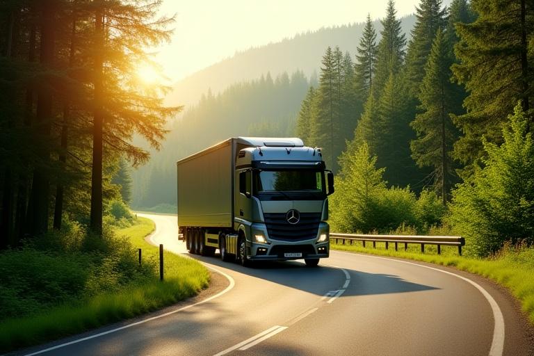 Ein Lastwagen fährt auf einer Straße durch den Schwarzwald, symbolisiert effiziente und umweltbewusste Logistik verbunden mit der Natur.
